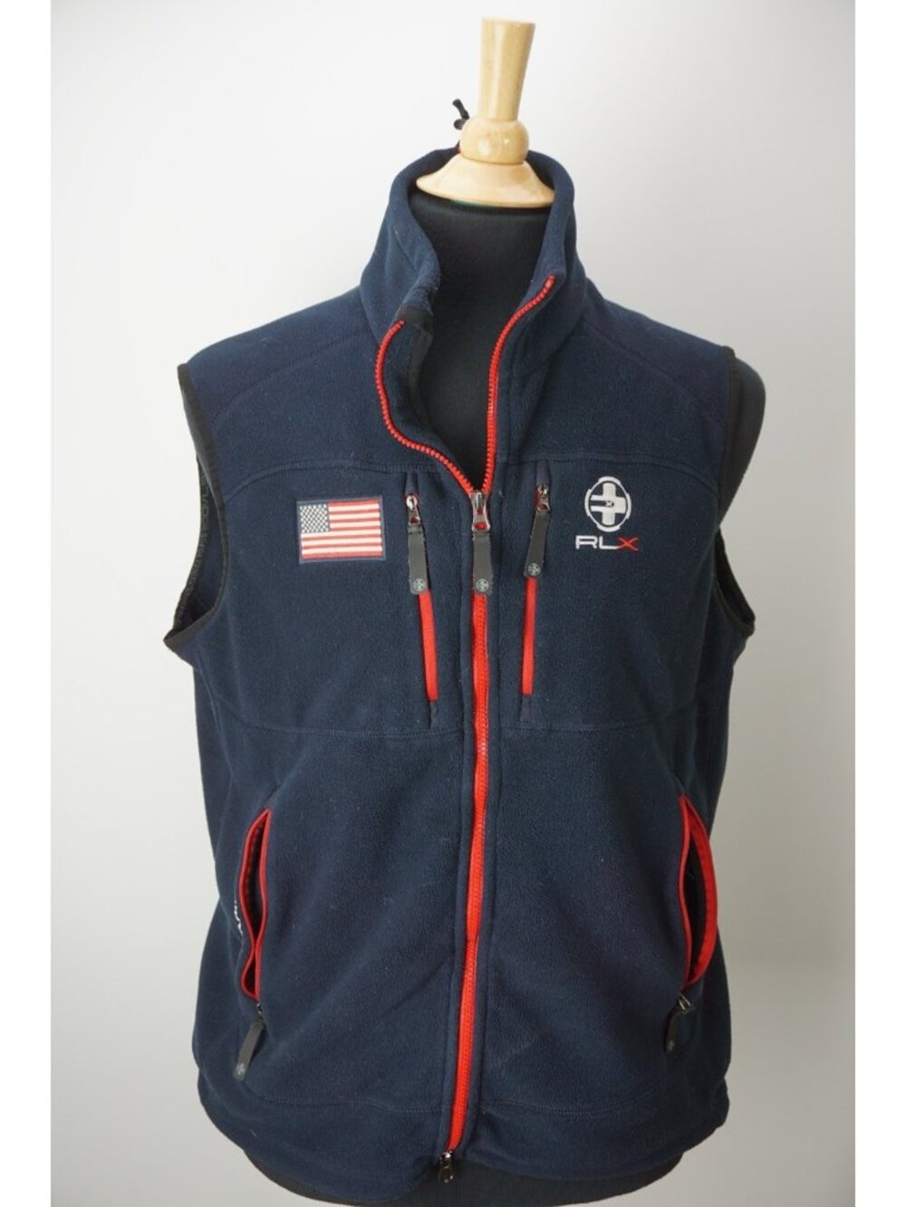 RLX USA Flag Red Blue Fleece Zip Up Vest Sz XL